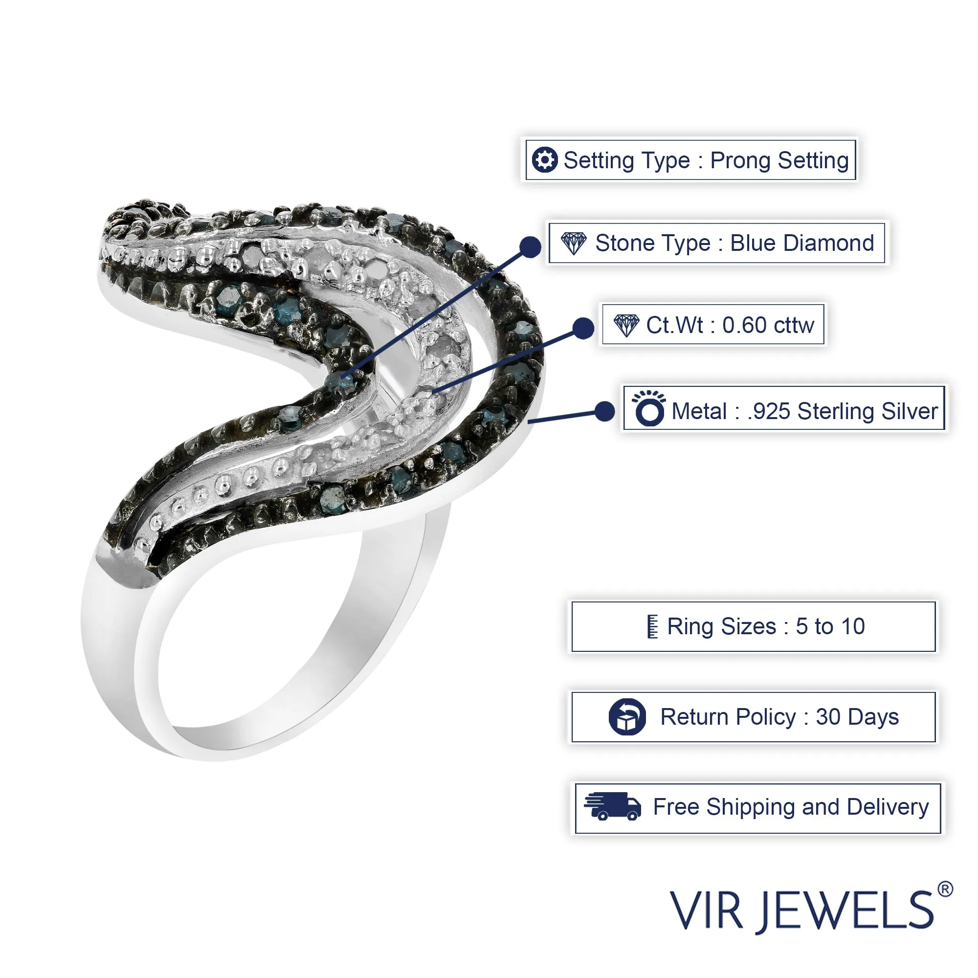 0.60 cttw Blue and White Diamond Wave Ring .925 Sterling Silver with Rhodium