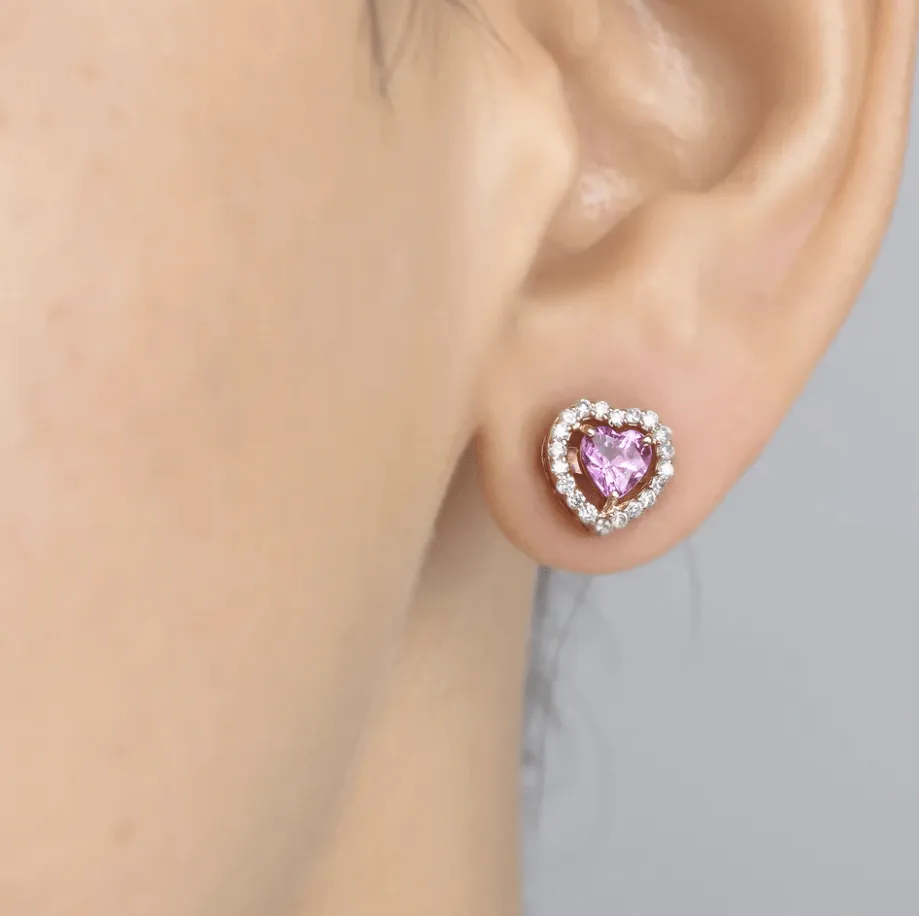 14K & 18K Gold Pink Sapphire Heart and Halo Diamond Stud Earrings