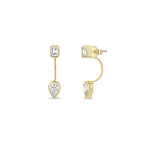 14k Emerald Cut Diamond Stud & Pear Diamond Bezel Jacket Earring