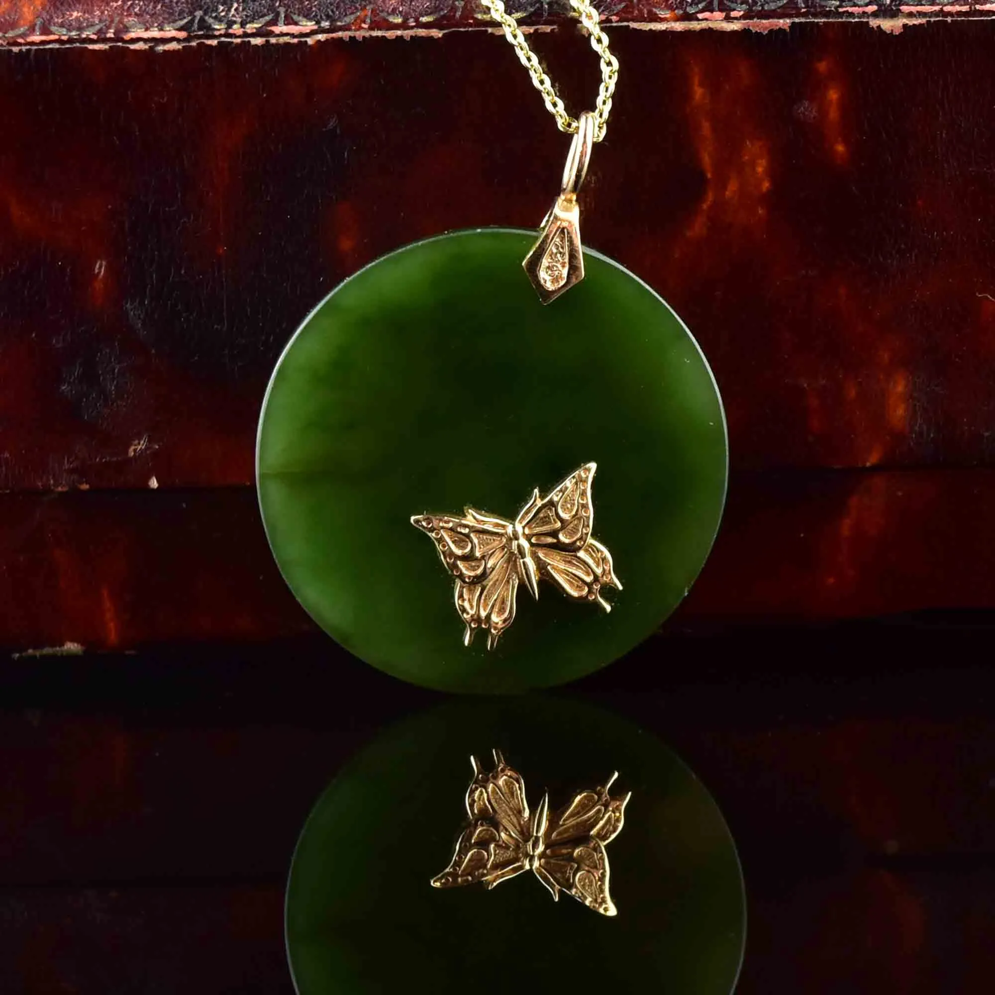 14K Gold Butterfly Jade Disk Pendant Necklace