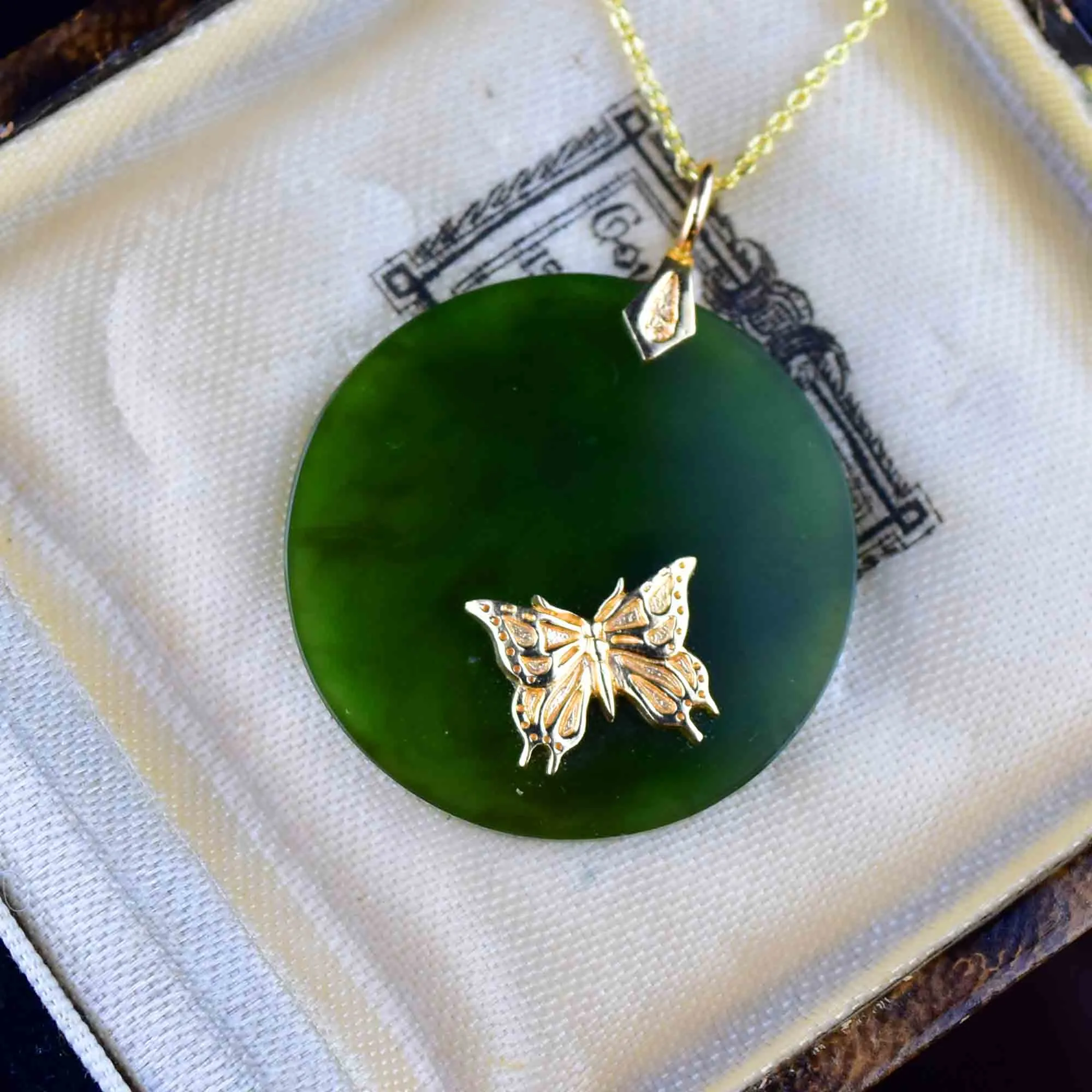 14K Gold Butterfly Jade Disk Pendant Necklace