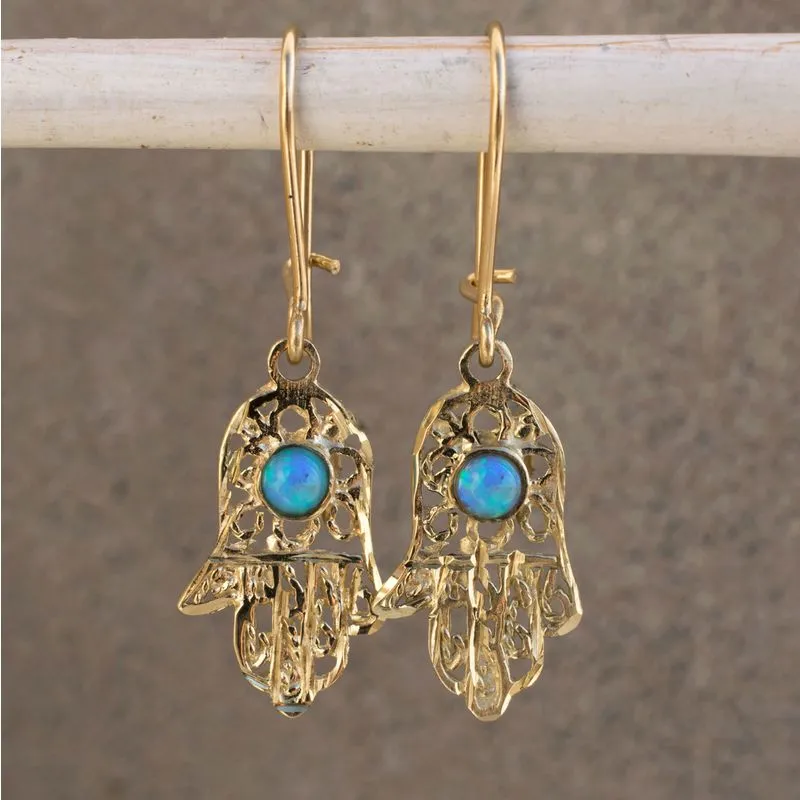 14K Yellow Gold Hamsa Blue Opal 3mm Dangle Earrings