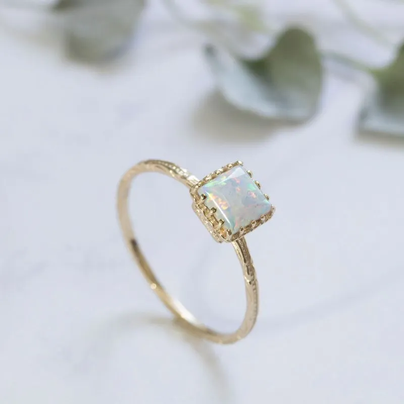 14K Yellow Gold Square White Opal 5X5mm Ring