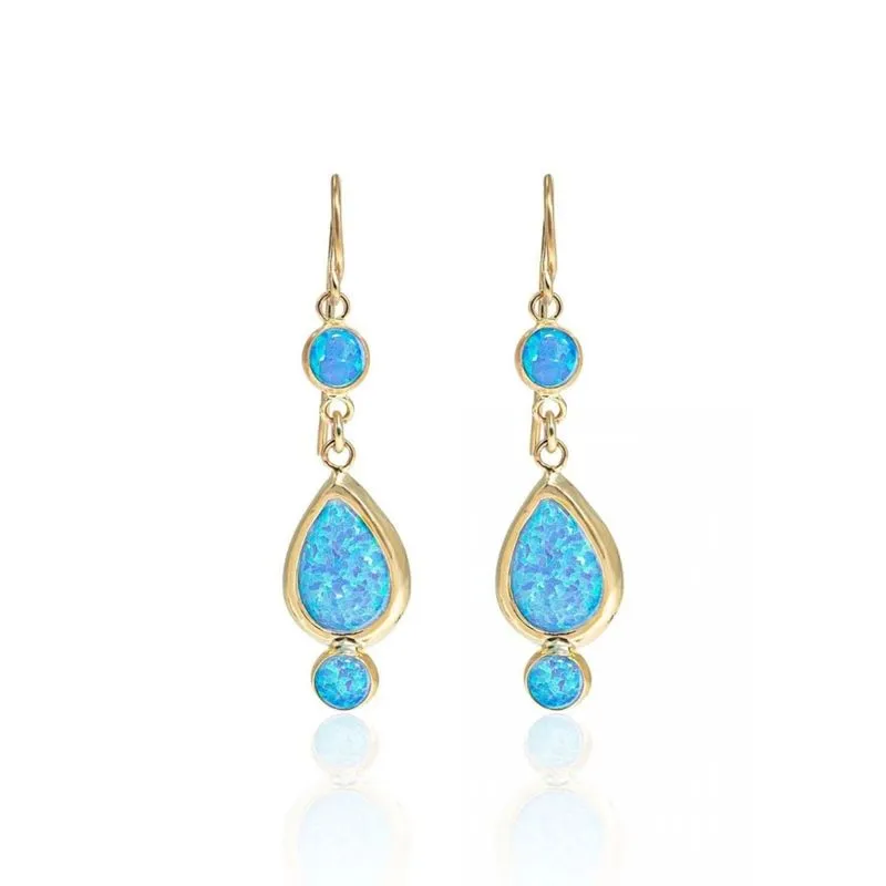 14K Yellow Gold Teardrop Blue Opal 7X10mm Dangle Earrings