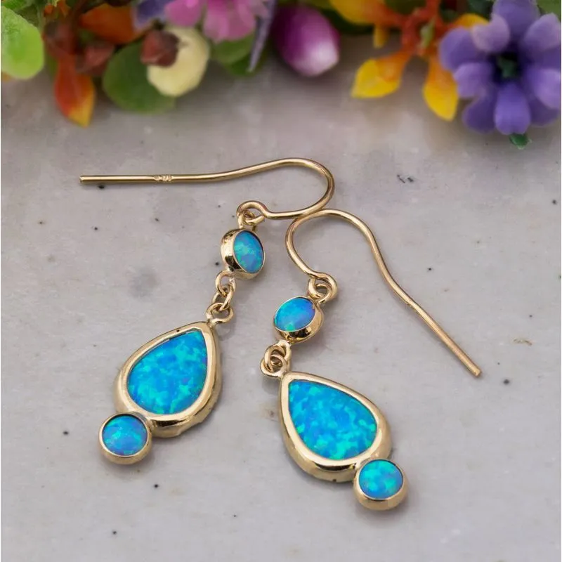 14K Yellow Gold Teardrop Blue Opal 7X10mm Dangle Earrings