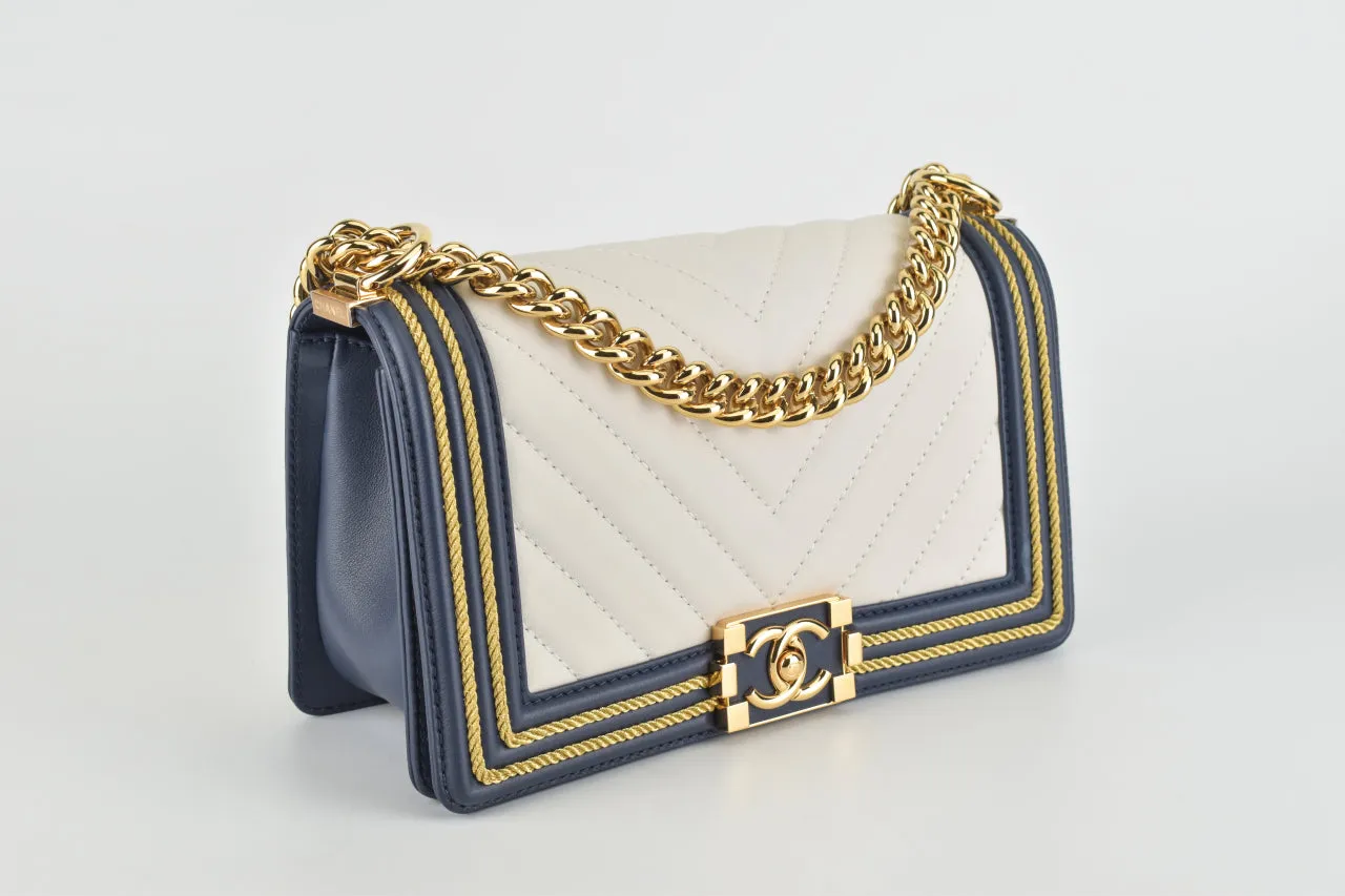 19C By The Sea White Chevron Navy Blue Gold Rope Framed Boy Flap Bag GHW