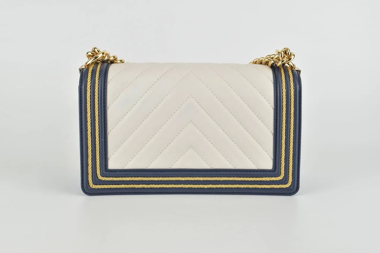 19C By The Sea White Chevron Navy Blue Gold Rope Framed Boy Flap Bag GHW