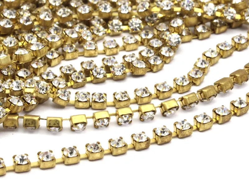 2 Feet Vintage 2.5mm Crystal Rhinestone Chain With Brass Frame - Made In Austria Au19 Z144