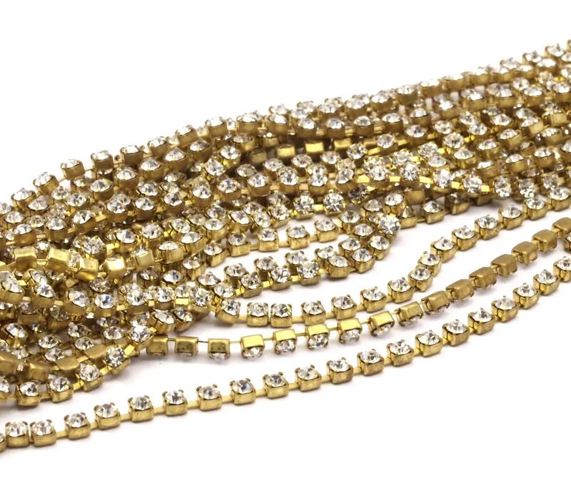 2 Feet Vintage 2.5mm Crystal Rhinestone Chain With Brass Frame - Made In Austria Au19 Z144