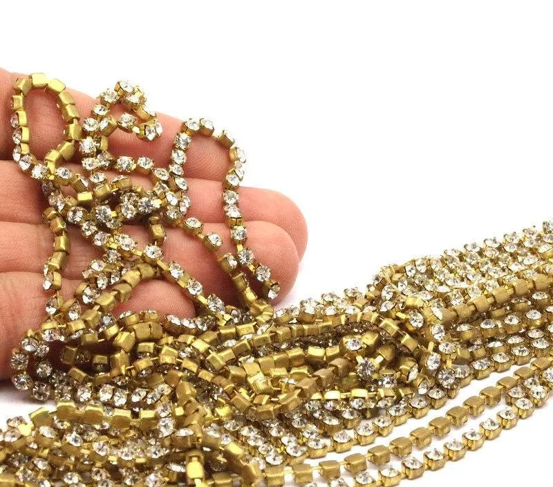 2 Feet Vintage 2.5mm Crystal Rhinestone Chain With Brass Frame - Made In Austria Au19 Z144