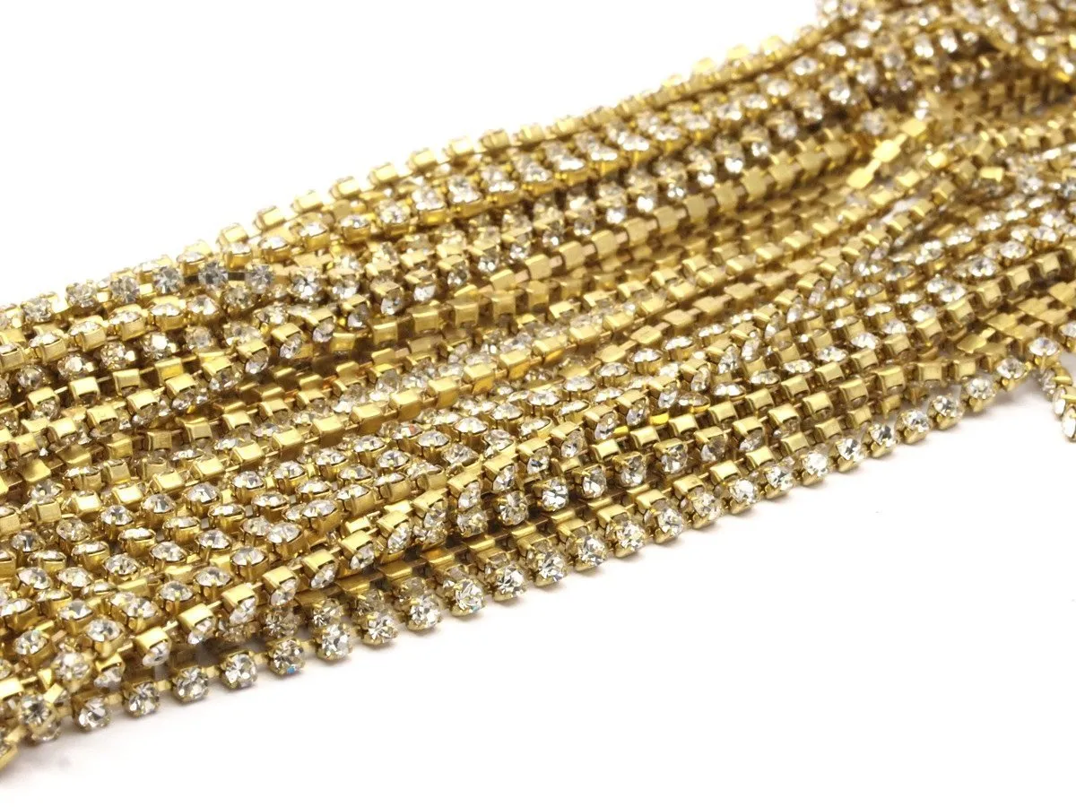 2 Feet Vintage 2.6mm Crystal Rhinestone Chain With Brass Frame - Made In Austria Au01 Z144