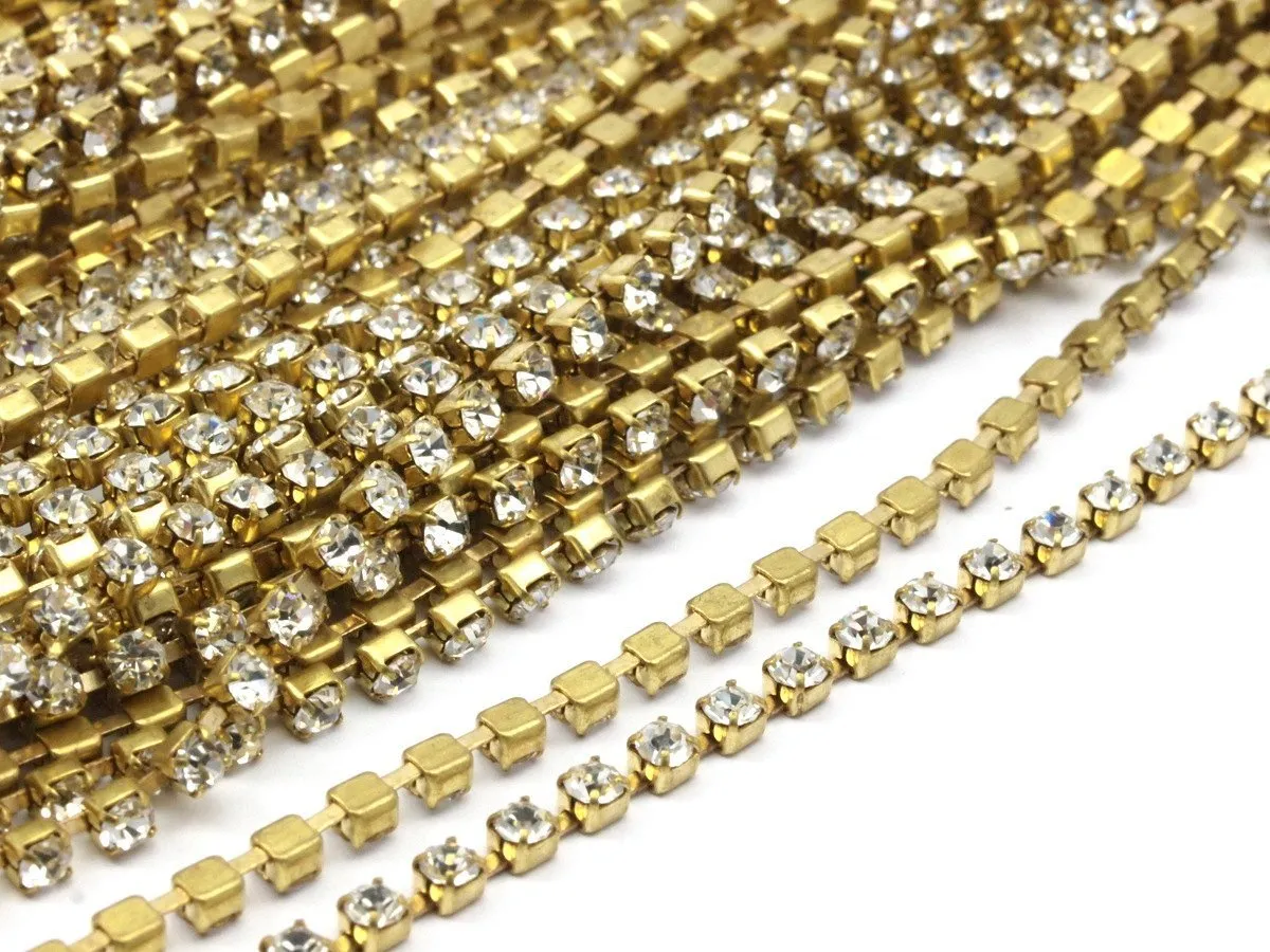 2 Feet Vintage 2.6mm Crystal Rhinestone Chain With Brass Frame - Made In Austria Au01 Z144