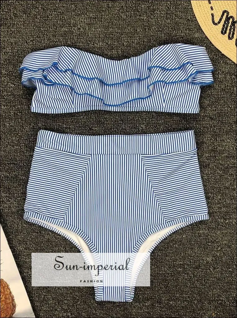 2 Piece Swimsuit Bandeau Bikini High Waisted - Striped Yellow