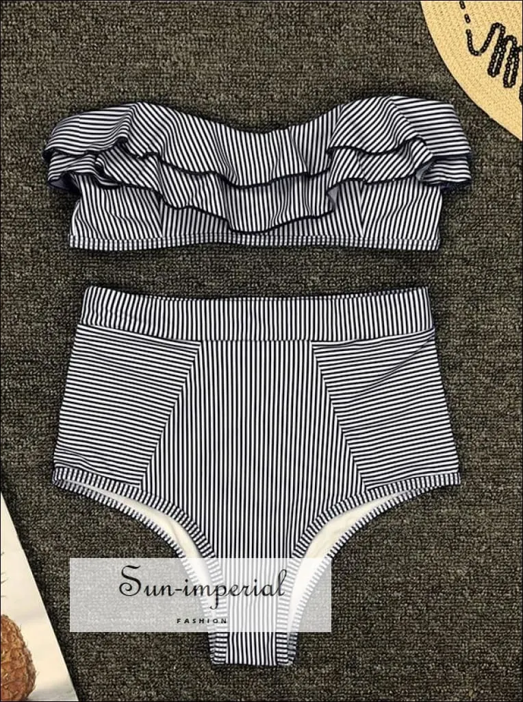 2 Piece Swimsuit Bandeau Bikini High Waisted - Striped Yellow