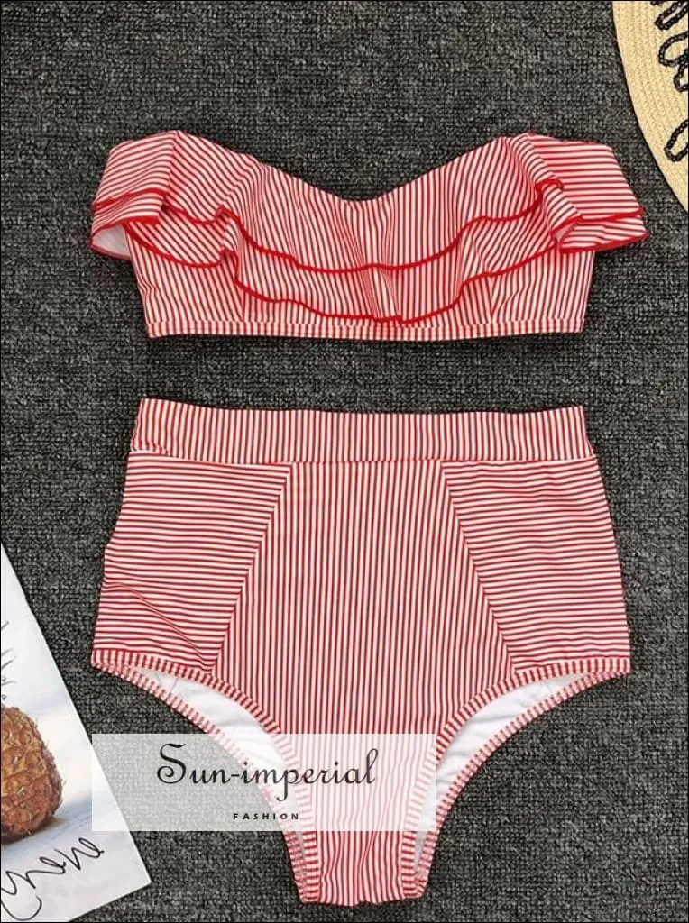 2 Piece Swimsuit Bandeau Bikini High Waisted - Striped Yellow