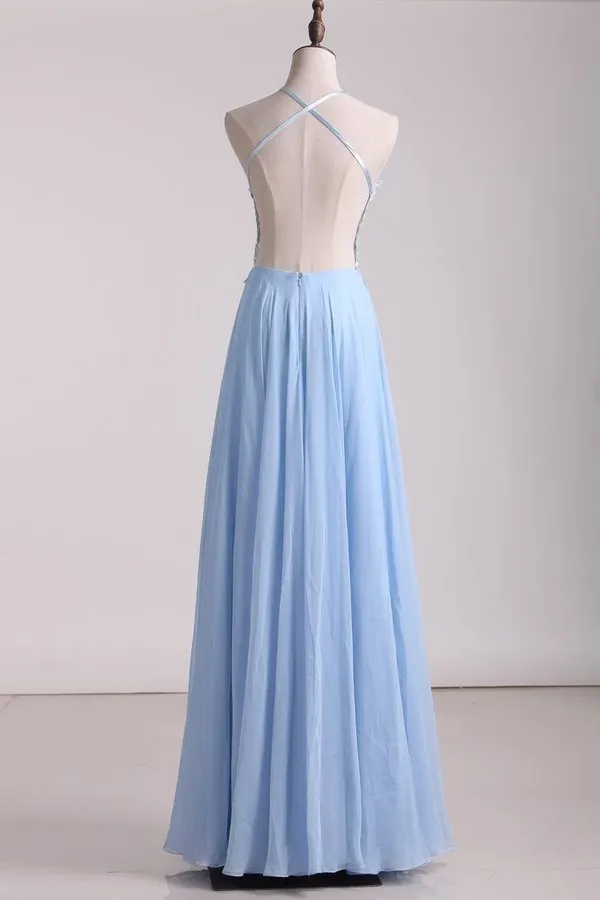 2024 Prom Dresses A Line Chiffon With Applique And Beads Floor PMD1NZ67