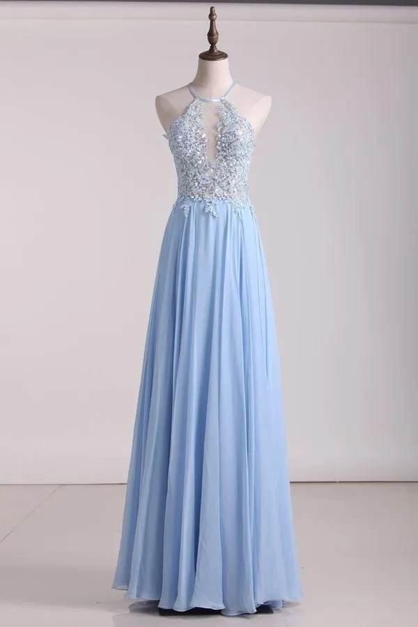 2024 Prom Dresses A Line Chiffon With Applique And Beads Floor PMD1NZ67