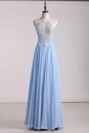 2024 Prom Dresses A Line Chiffon With Applique And Beads Floor PMD1NZ67