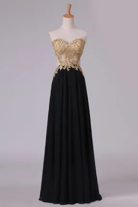 2024 Sweetheart Prom Dresses A Line Chiffon With Gold Applique PDQN7TR9