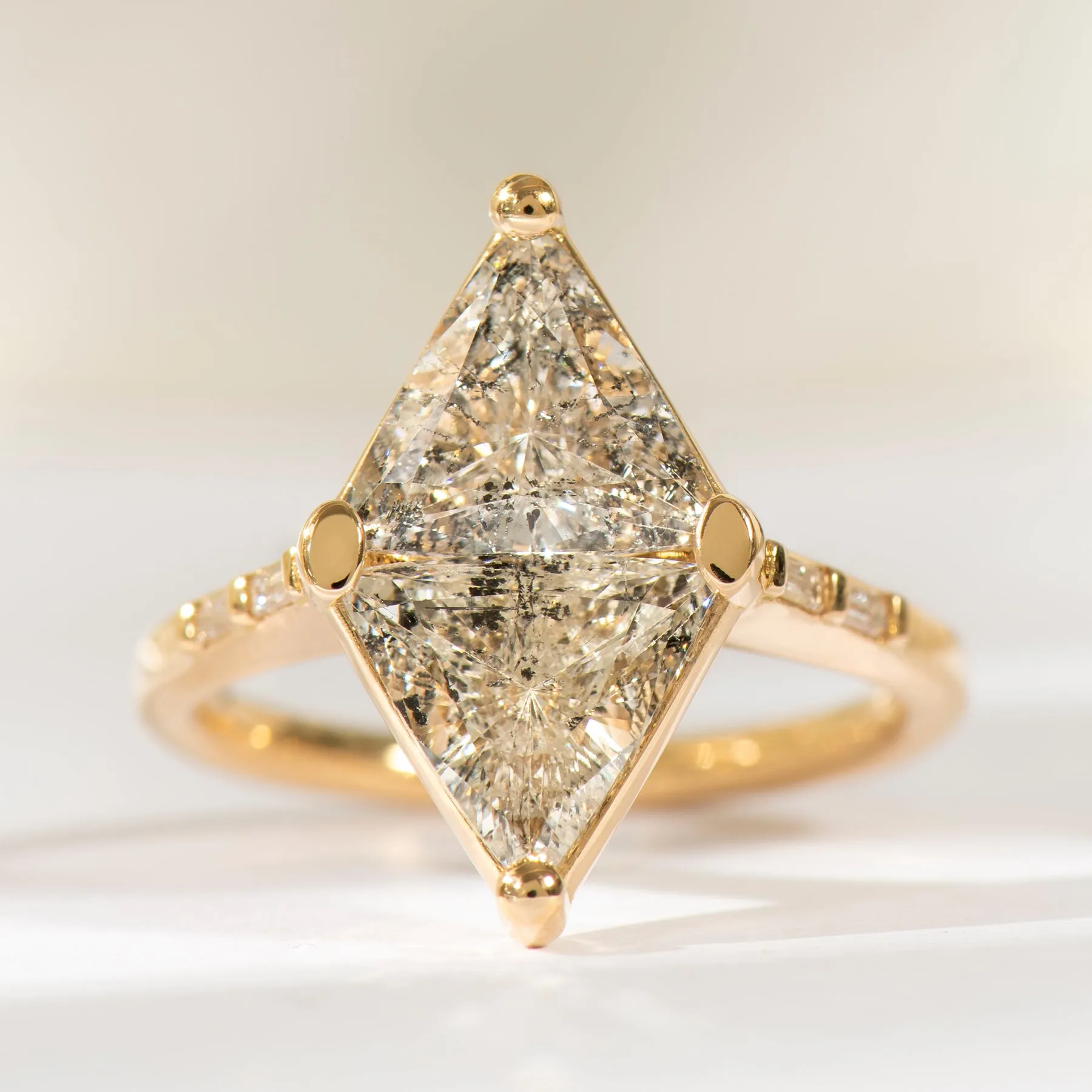 3ct Rhombus Engagement Ring with Speckled Gray Diamonds - OOAK