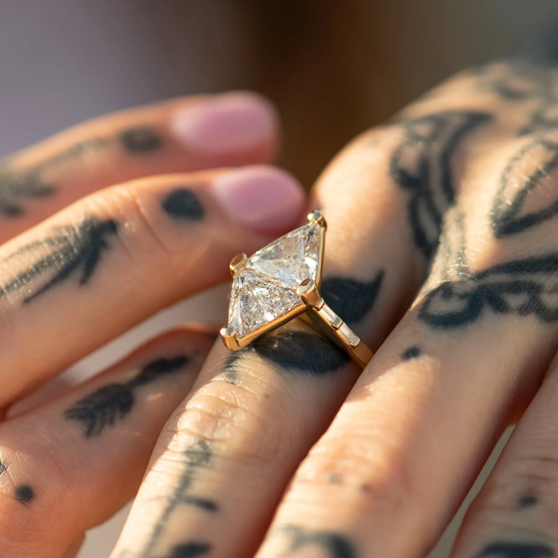 3ct Rhombus Engagement Ring with Speckled Gray Diamonds - OOAK