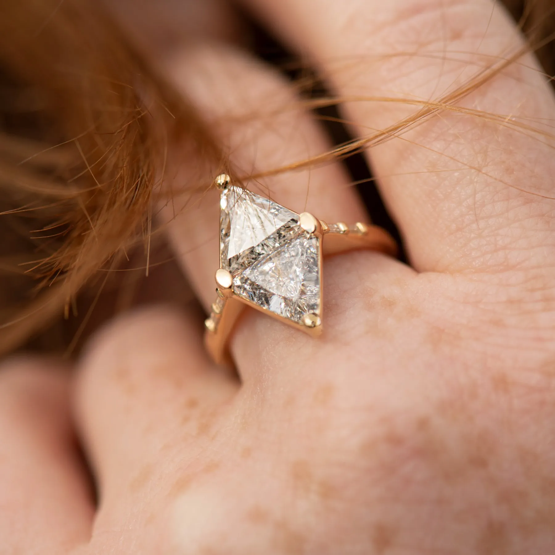 3ct Rhombus Engagement Ring with Speckled Gray Diamonds - OOAK