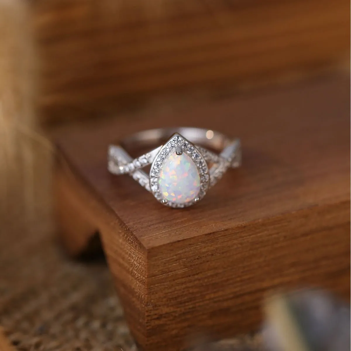 925 Silver Pear Opal Elegant Ring with Diamonds