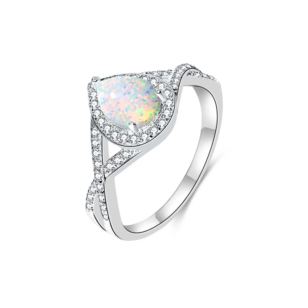 925 Silver Pear Opal Elegant Ring with Diamonds