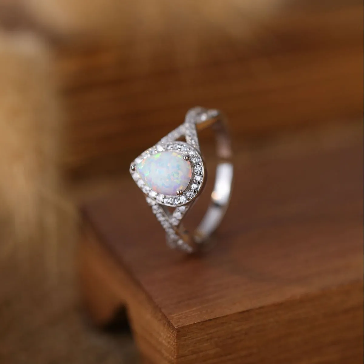 925 Silver Pear Opal Elegant Ring with Diamonds