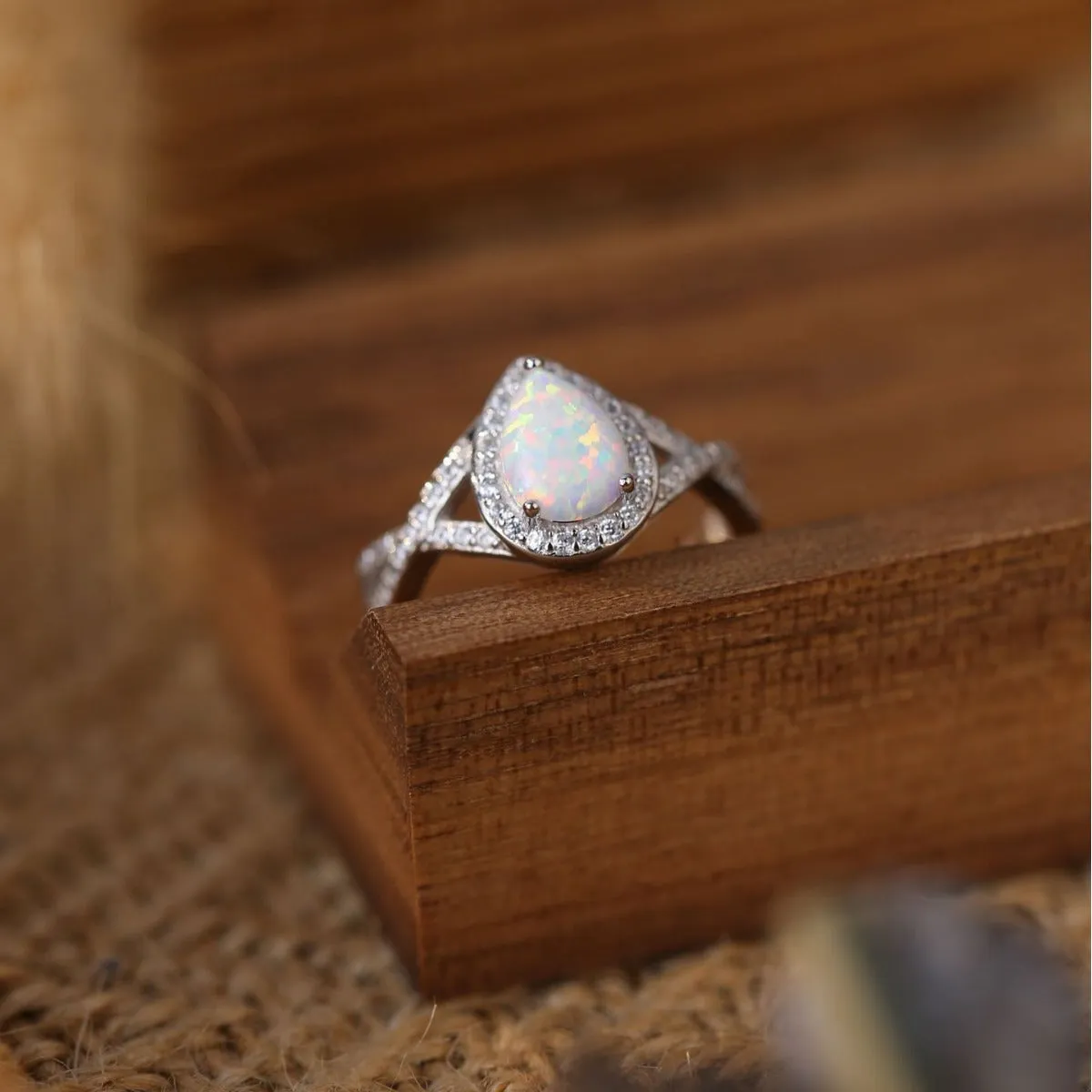 925 Silver Pear Opal Elegant Ring with Diamonds