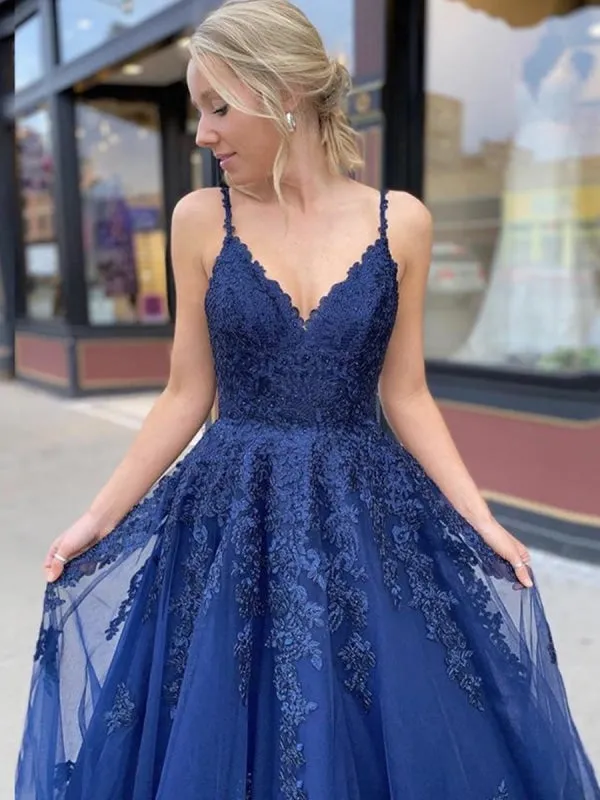 A Line V Neck Backless Navy Blue Lace Prom 2020, Backless Navy Blue Lace Formal, Navy Blue Lace Evening