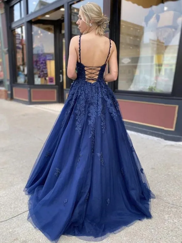 A Line V Neck Backless Navy Blue Lace Prom 2020, Backless Navy Blue Lace Formal, Navy Blue Lace Evening