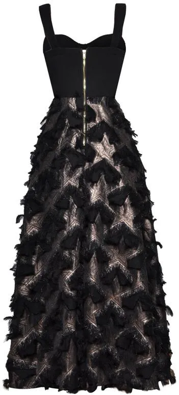 'Abilene' Fringed Star-Print Black Bustier Gown