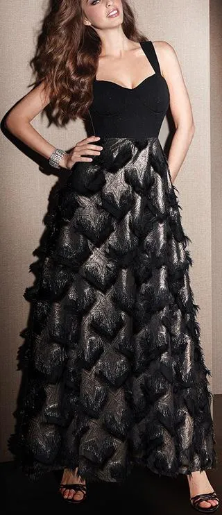 'Abilene' Fringed Star-Print Black Bustier Gown