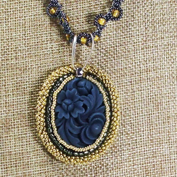 Acalia Beaded Black Cabochon Pendant Necklace