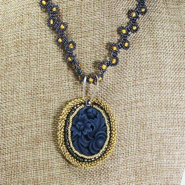 Acalia Beaded Black Cabochon Pendant Necklace