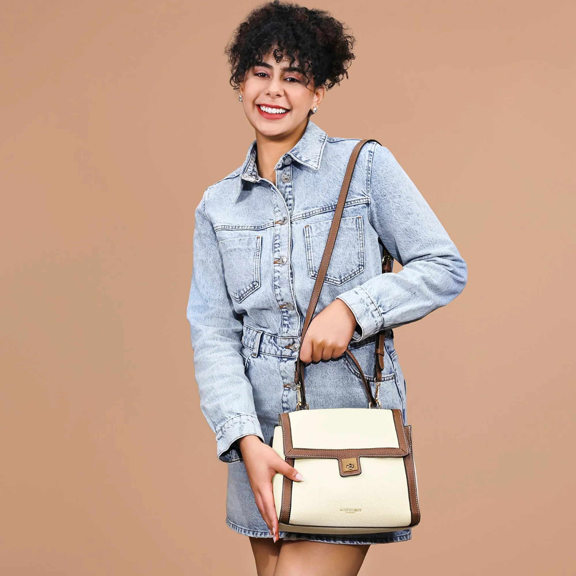 Accessorize London Women's Cream Contrast Piping Satchel