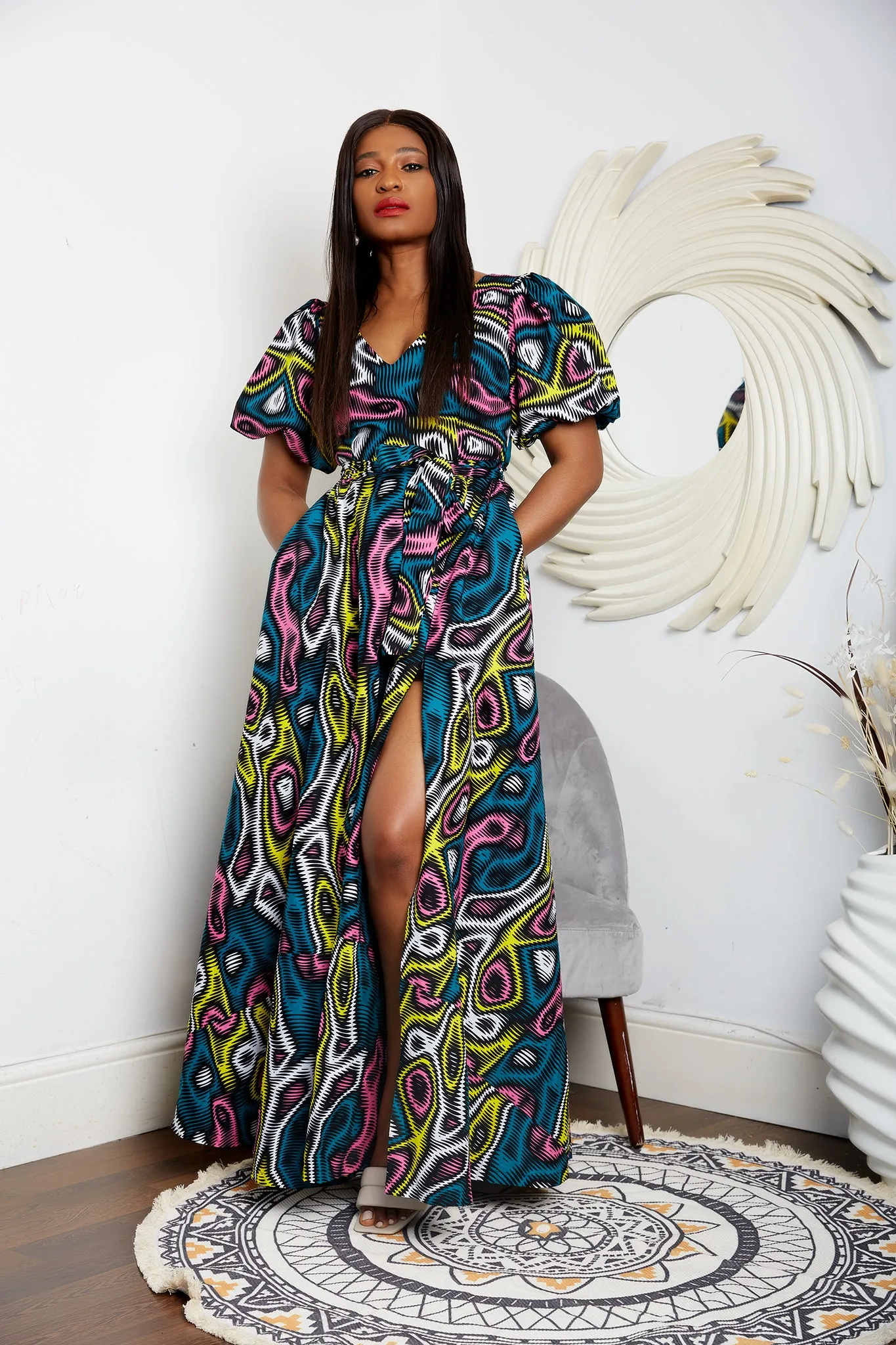 African Print Maxi Dress with Puff Sleeves- Zendaya