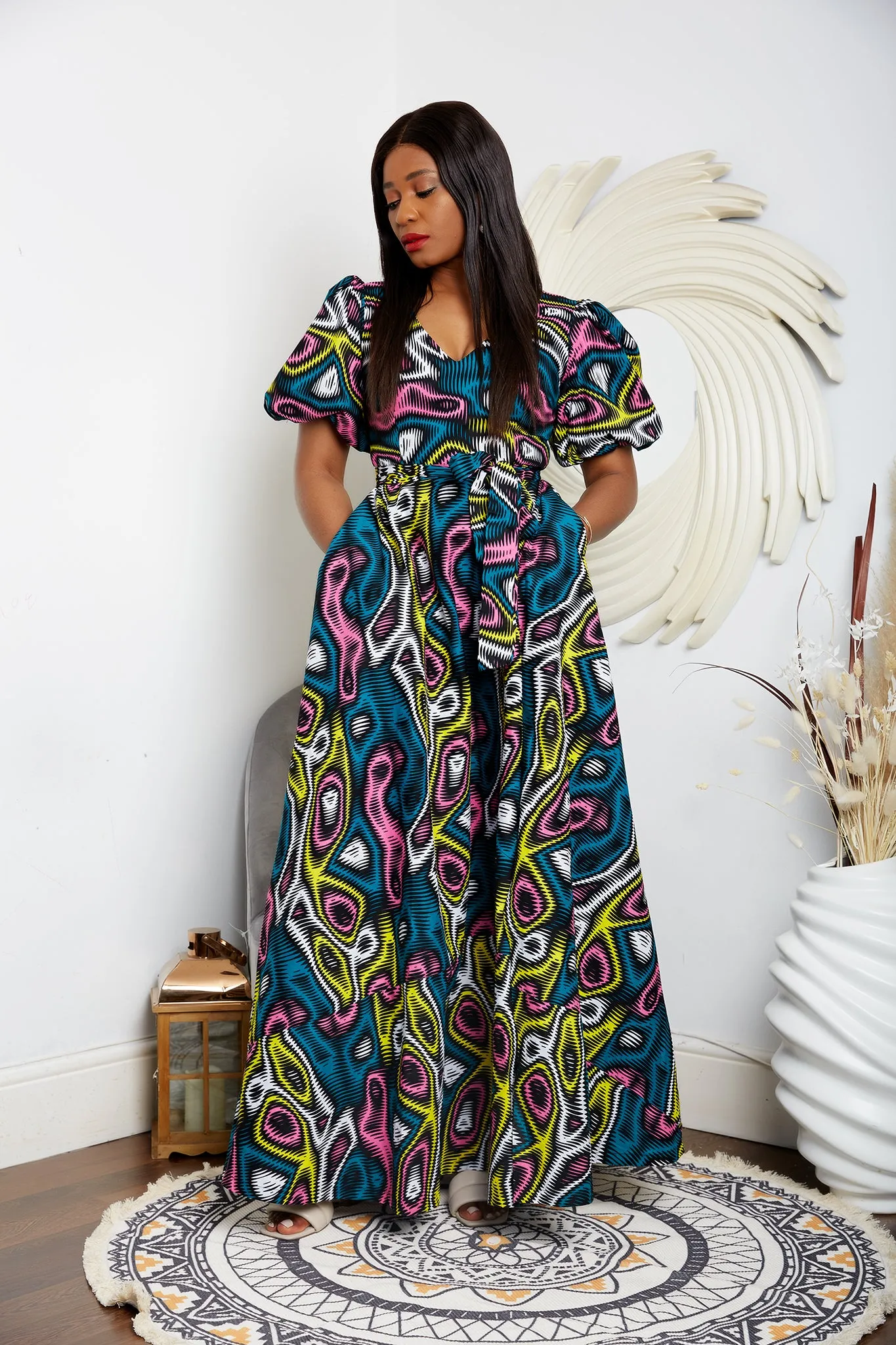 African Print Maxi Dress with Puff Sleeves- Zendaya