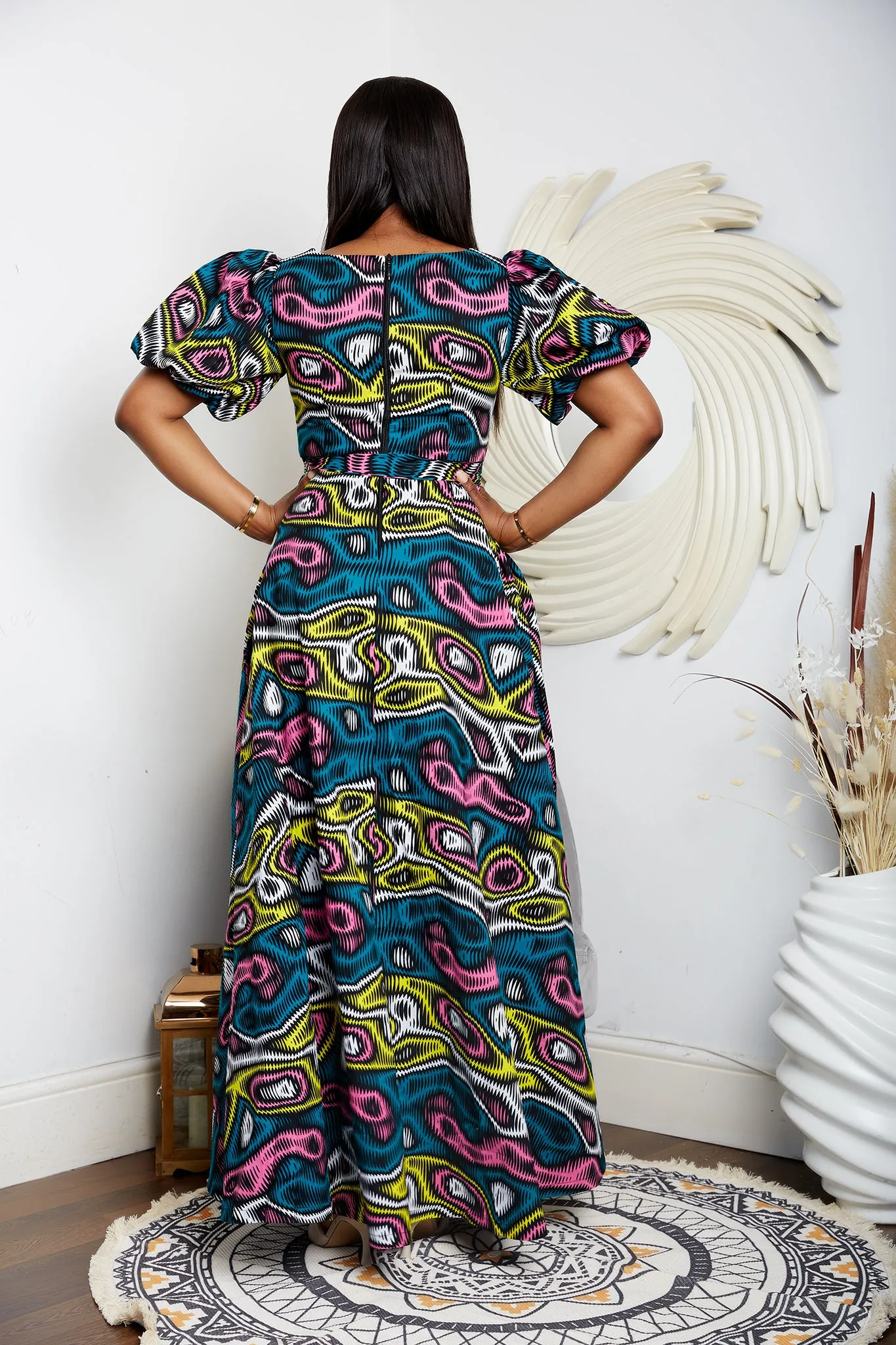 African Print Maxi Dress with Puff Sleeves- Zendaya