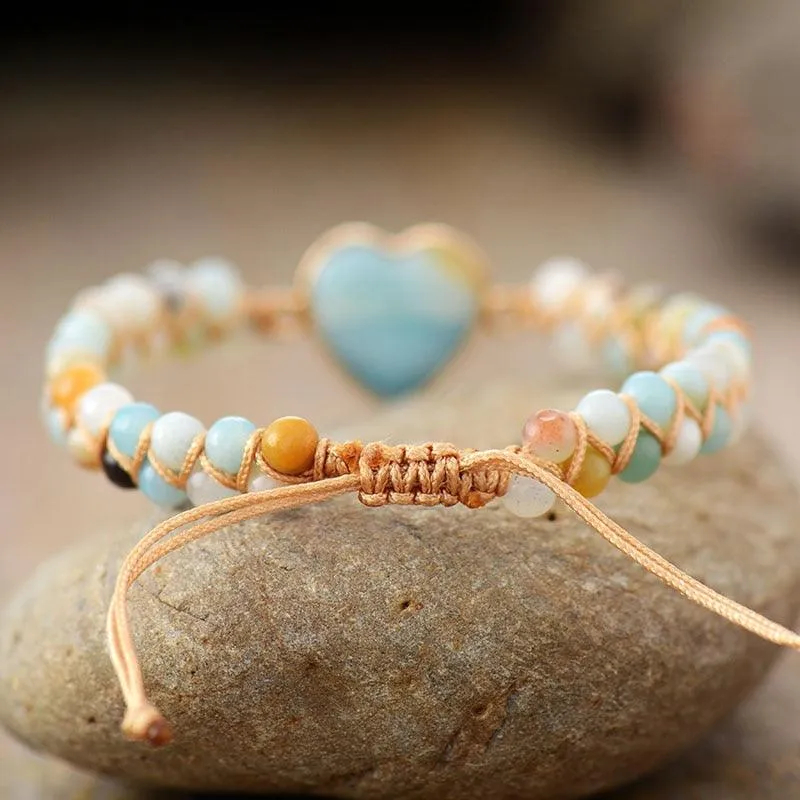 Amazonite Heart Charm Braided Bracelet