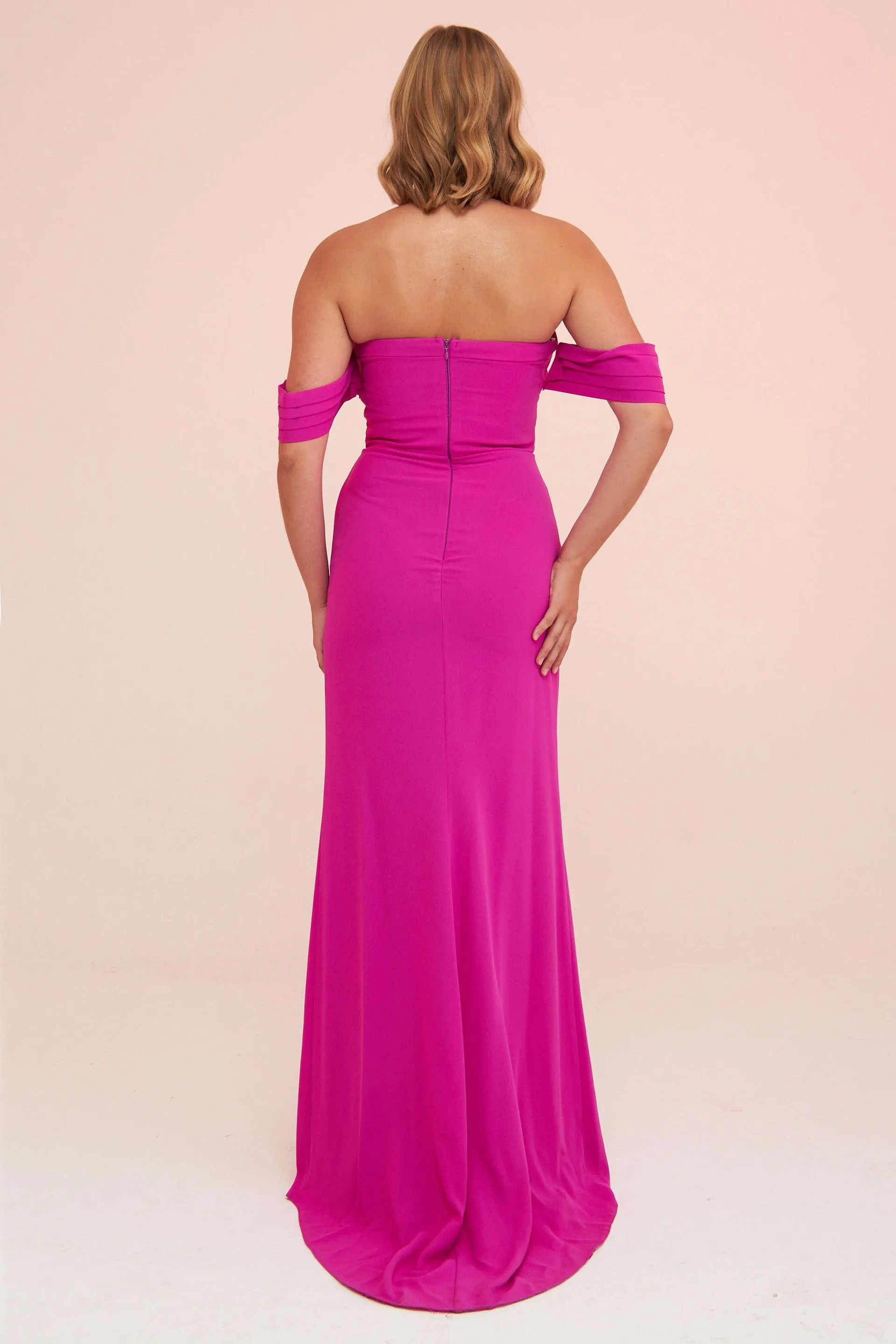 Angelino Fuchsia Crepe Low Sleeve Slit Long Evening Dress