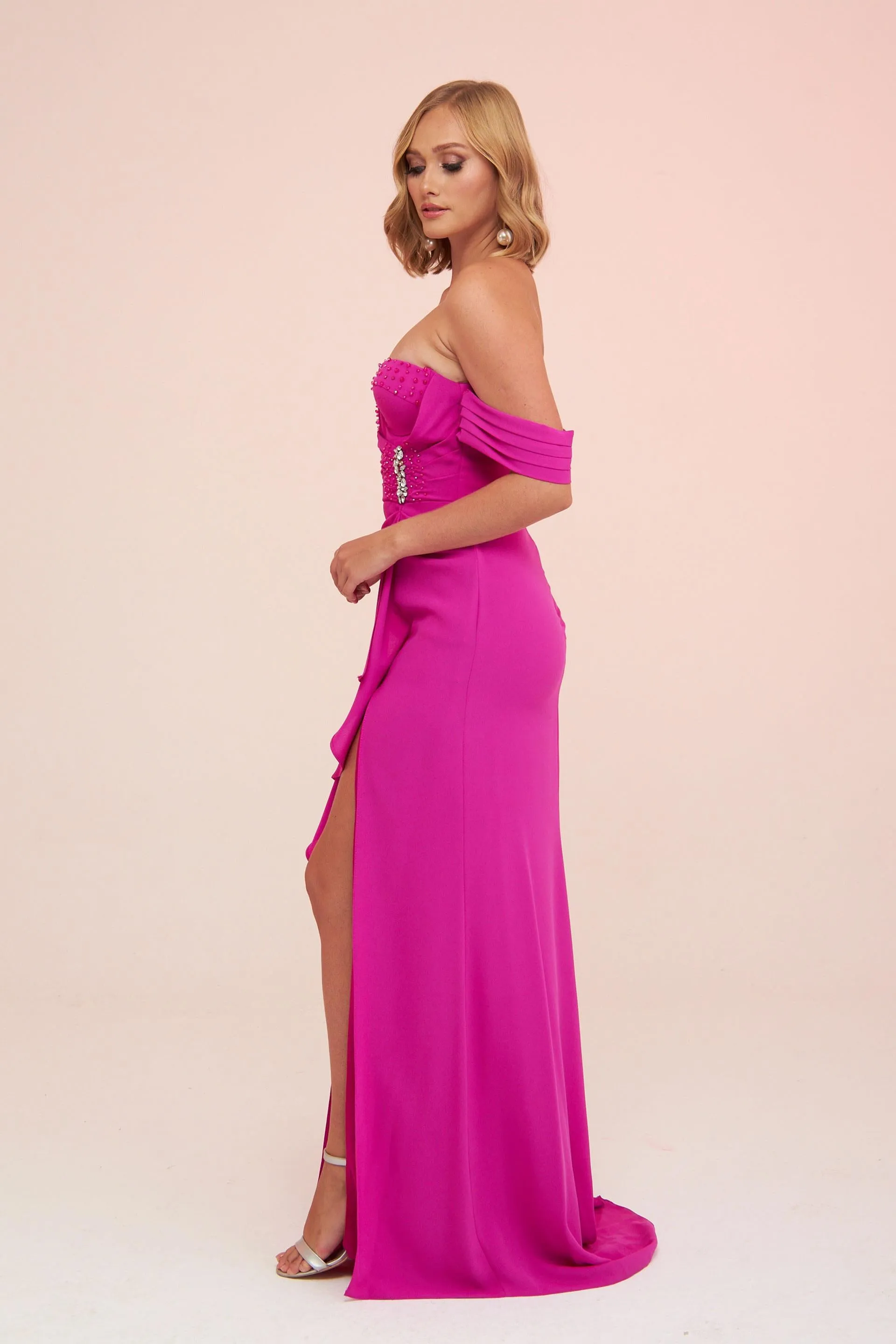 Angelino Fuchsia Crepe Low Sleeve Slit Long Evening Dress