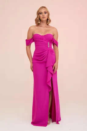 Angelino Fuchsia Crepe Low Sleeve Slit Long Evening Dress