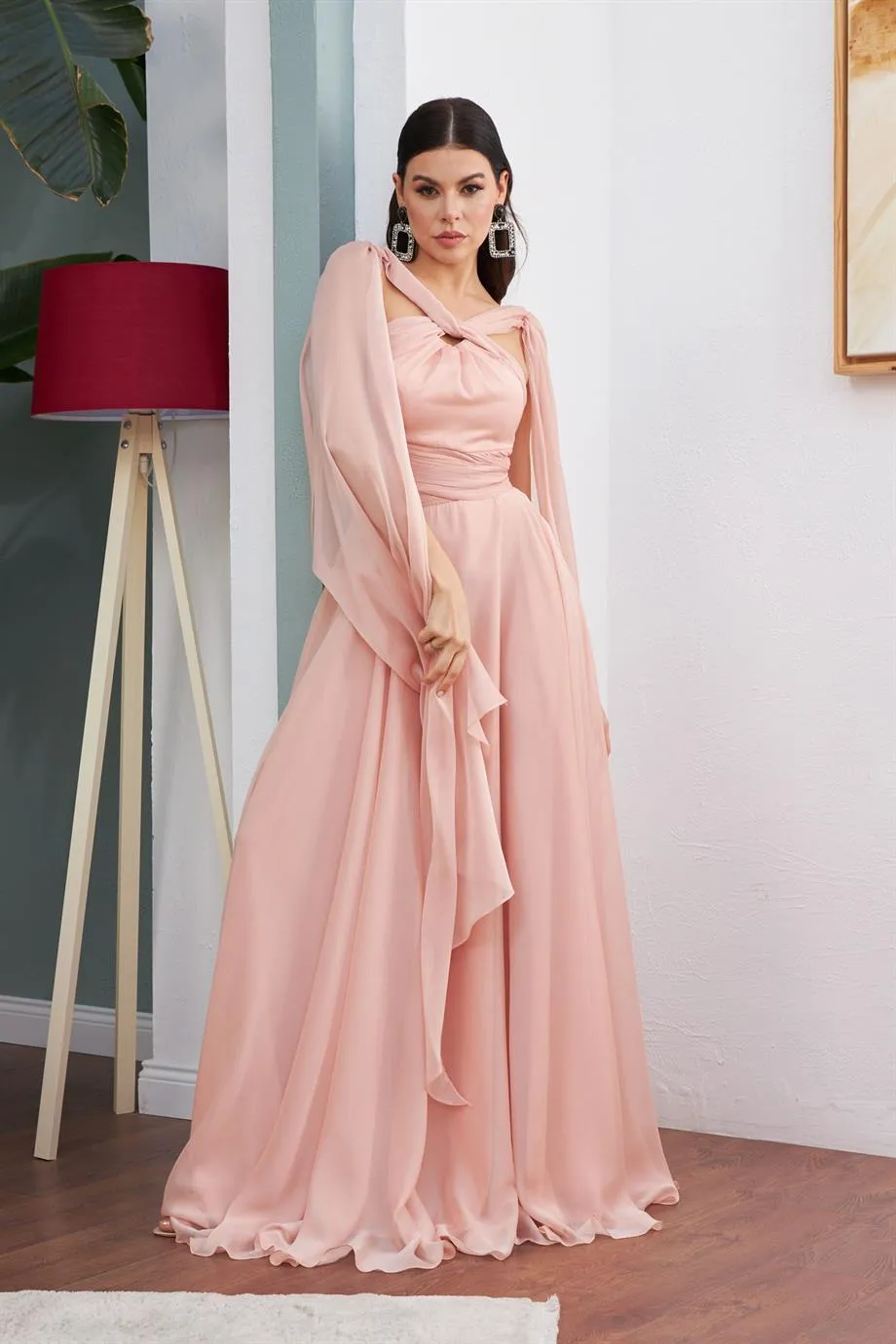 Angelino Powder Chiffon Waist Shirred Long Evening Dress