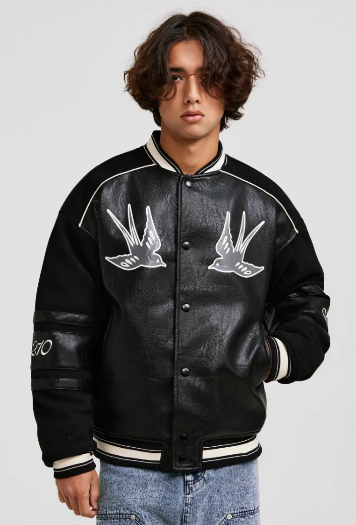 ANTIDOTE Swallow Print Leather & Wool Baseball Jacket