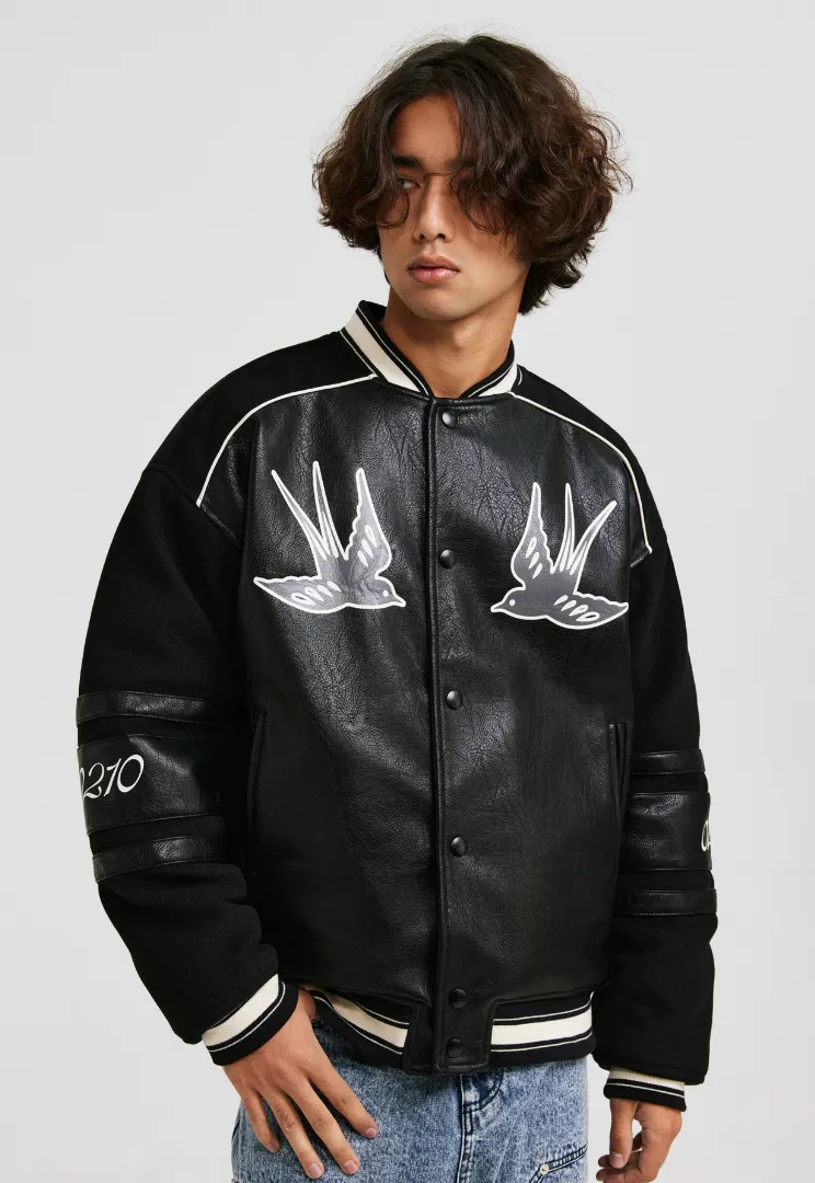 ANTIDOTE Swallow Print Leather & Wool Baseball Jacket