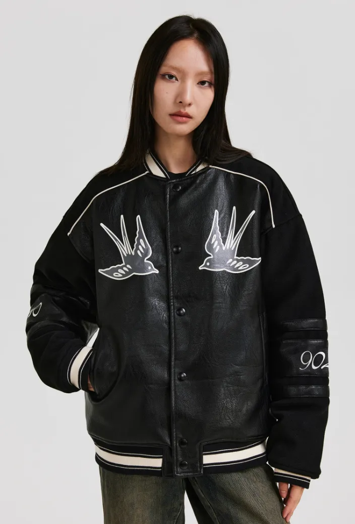 ANTIDOTE Swallow Print Leather & Wool Baseball Jacket