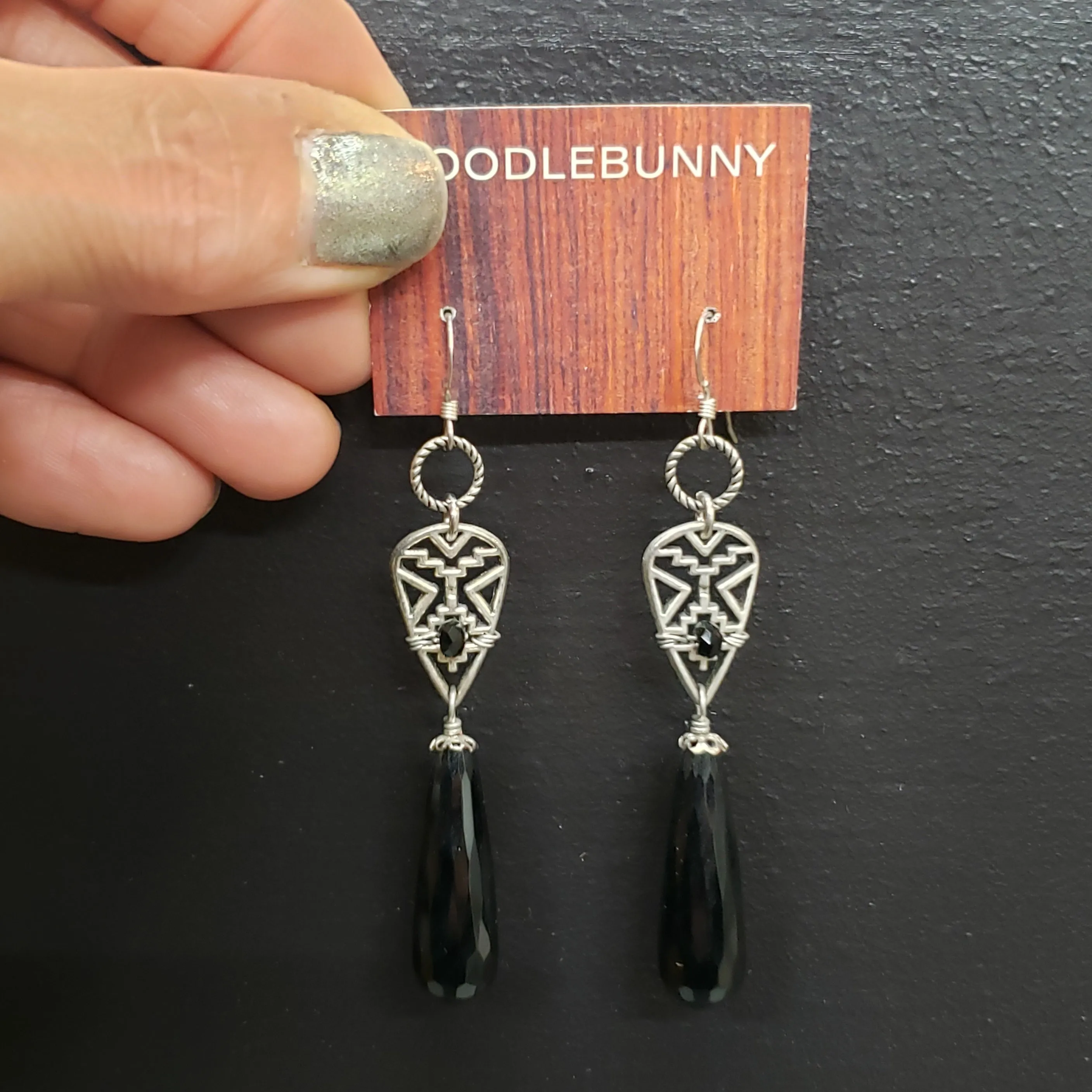 Aztec Pewter Black Onyx Drop Earrings