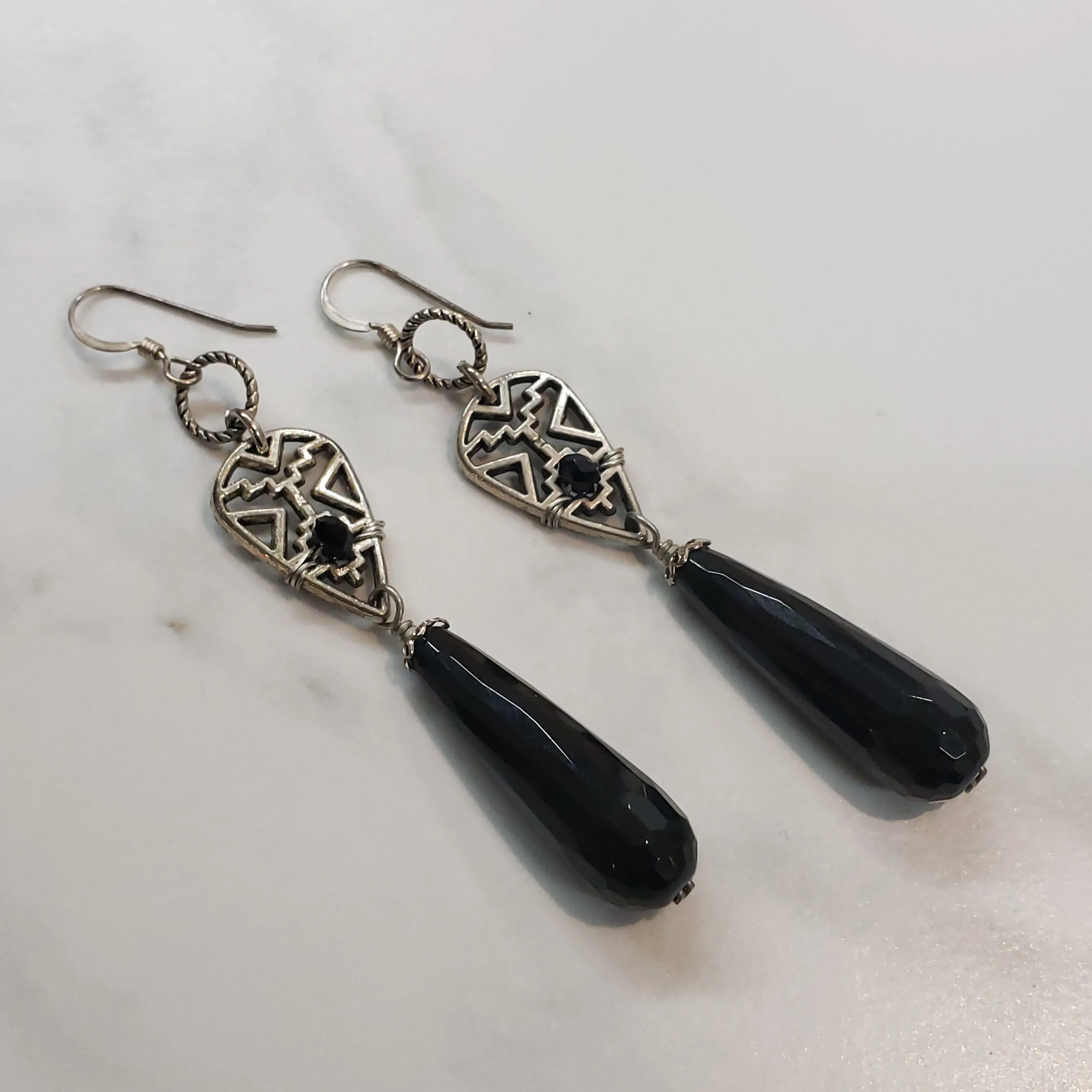 Aztec Pewter Black Onyx Drop Earrings